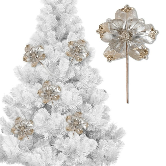 Christmas Artificial Glitter Flowers, 9"x9.8" Long Stem Fake Flowers Ornaments for Xmas Tree Vase Table Centerpiece Decor