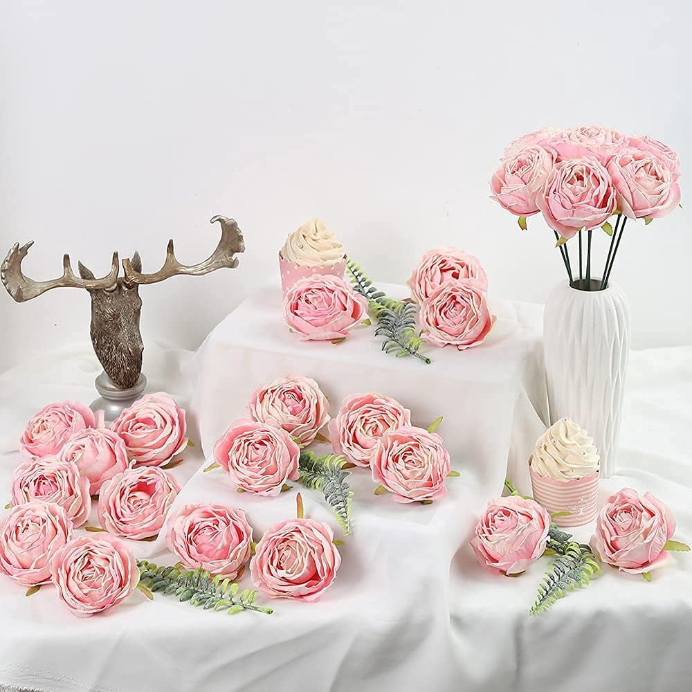 Pink Flowers Silk Rose Heads Pink Fake Roses Artificial Flowers Real Touch Pink Roses for Wall Decoration Fake Flowers Bouquet Silk Roses Flower Heads Bulk for Wedding Centerpieces (Pink)