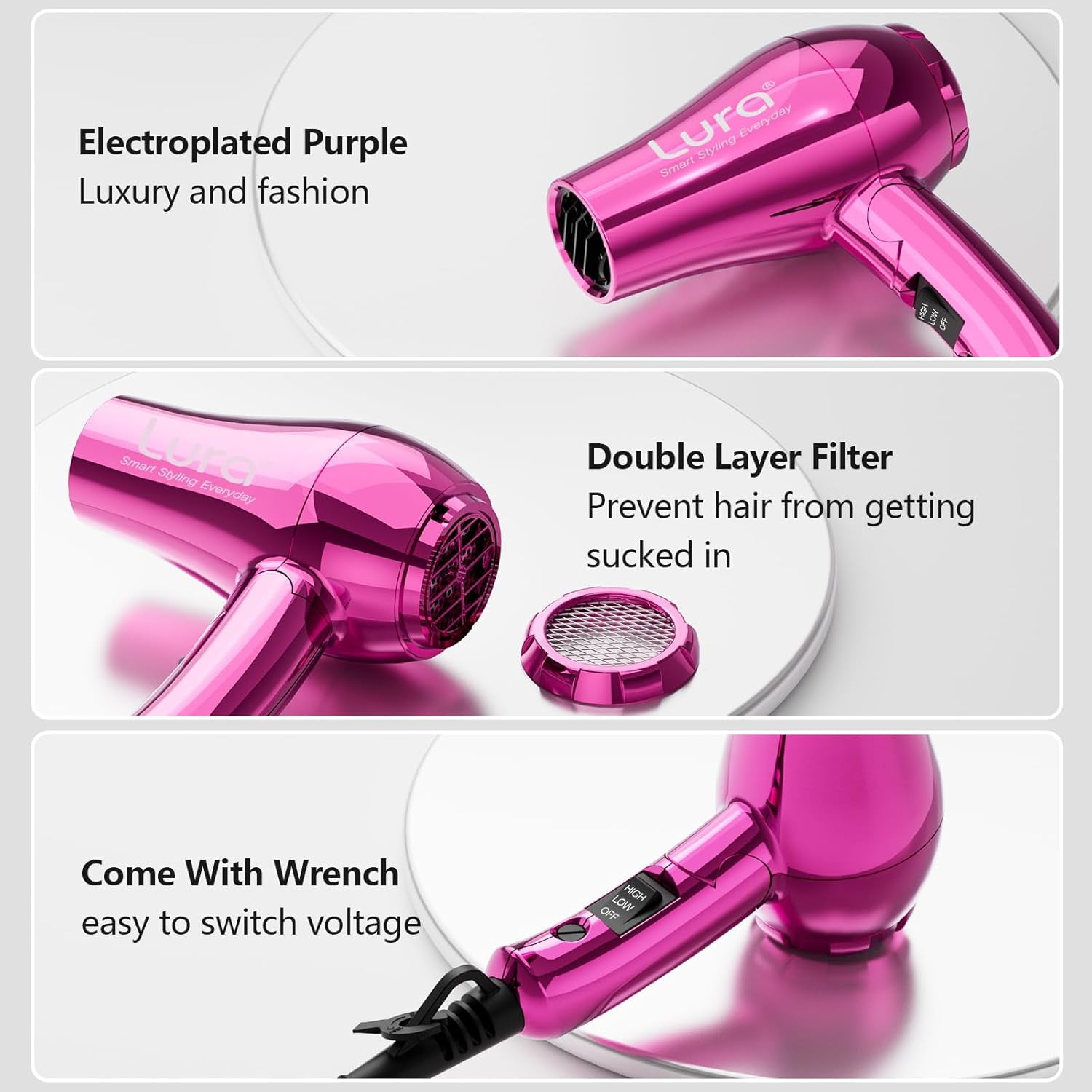 LURA Portable Travel Hair Dryer Dual Voltage Small Lightweight Foldable Blow Dryer with EU Plug,1200W Compact Hairdryer with Concentrator&Diffuser