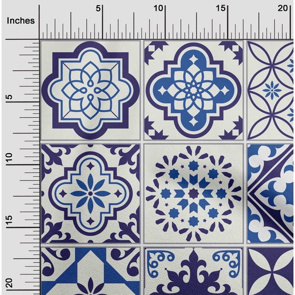 oneOone Cotton Poplin Twill Medium Blue Fabric Floral & Tiles Moroccan Dress Material Fabric Print Fabric By The Yard 56 Inch Wide
