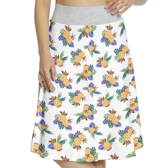 Women's Pineapple Colorful Silhouette Leaf A-line Printed Skirt Casual Wear, L, Violet Blue Marigold, by Ambesonne