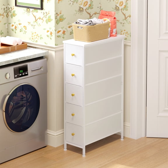 Tomnk woo 5 Drawer Fabric Dresser, Narrow Storage Tower with Wood Top, White