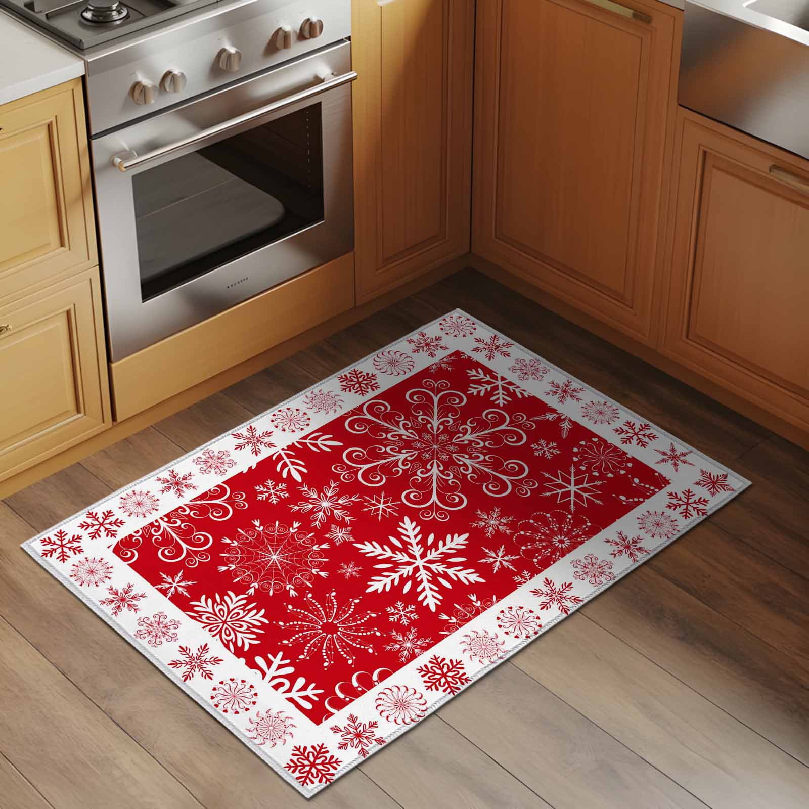 Christmas Snowflakes Bathroom Rug Washable 2x3 Entryway Rug Non Slip Red Xmas Winter Vintage Front Door Mat Low Pile Indoor Doormat Throw Floor Carpet for Kitchen Bedroom Entrance
