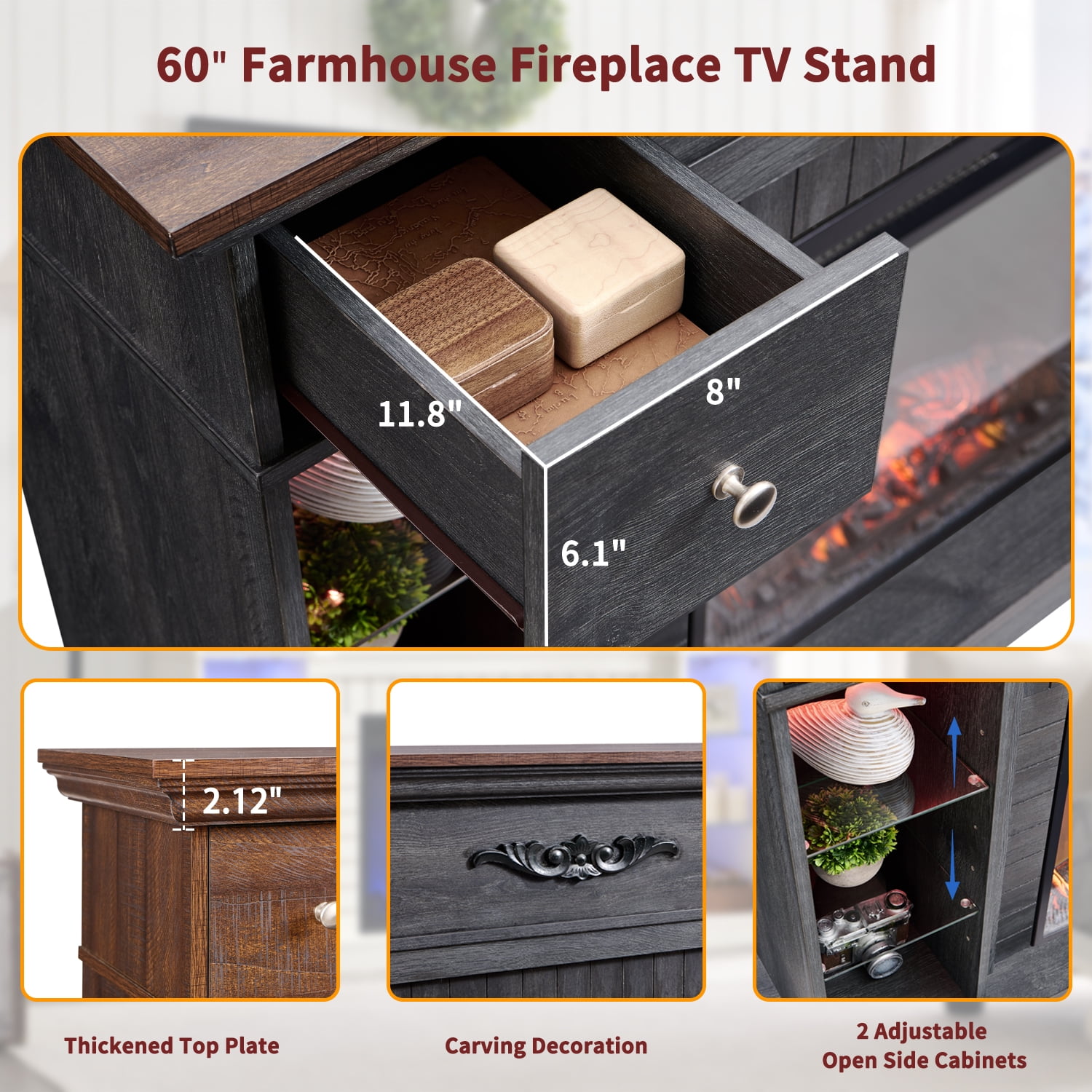 SinCiDo Electric Fireplace TV Stand for 65 Inch TVs, Farmhouse LED Entertainment Center w/7 Colors Changing and Adjustable Shelves