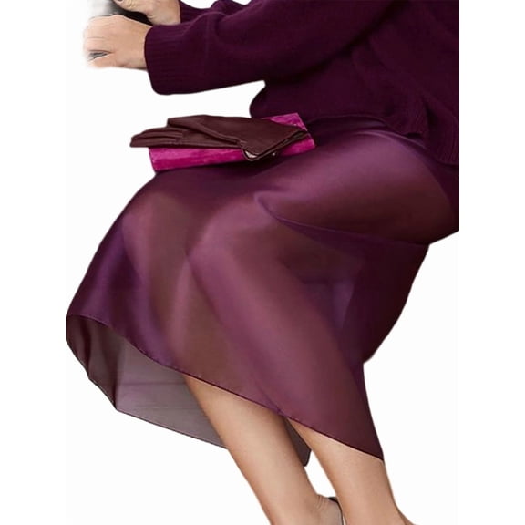 Women'S Sheer High Waist Skirt Fashion Chic Casual Office Midi Pencil Skirt Elegant See Through Wine Red M