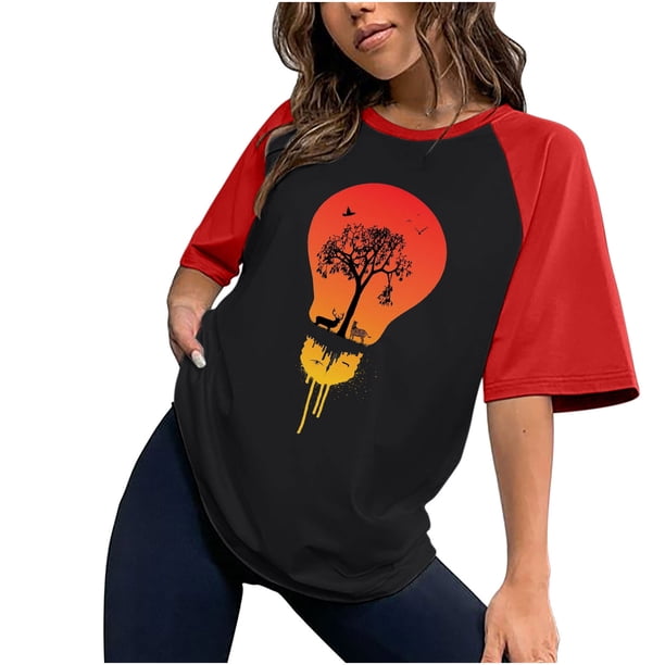 Tops con estampado de sol de playa de manga corta de ocio con cuello redondo de verano para mujer OAVQHLG3B Store lin121212
