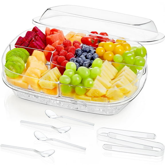 Chilled Serving Tray with Lid, Party Platter Tray, Divided Serving Bowl for Taco, Fruit, Salad, Mimosa Bar Supplies, Veggie, Sushi, Charcuterie in Party/Buffet