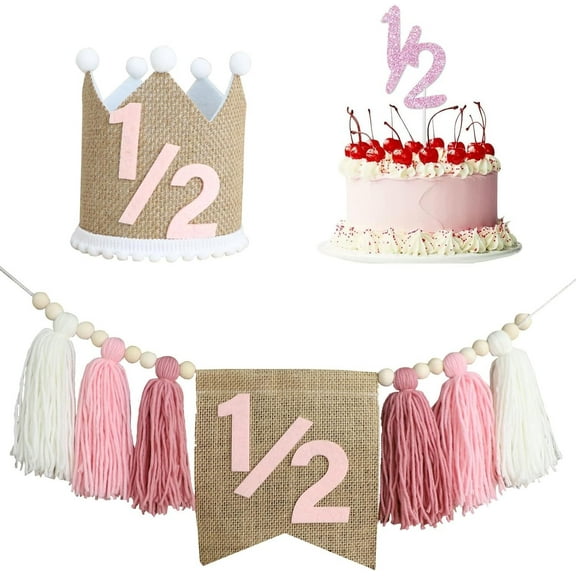 LQQBOX 1/2 Birthday Supplies High Chair Banner and Hat Cake Topper 6 Months Tassel Wood Bead Highchair Garland(Pink)
