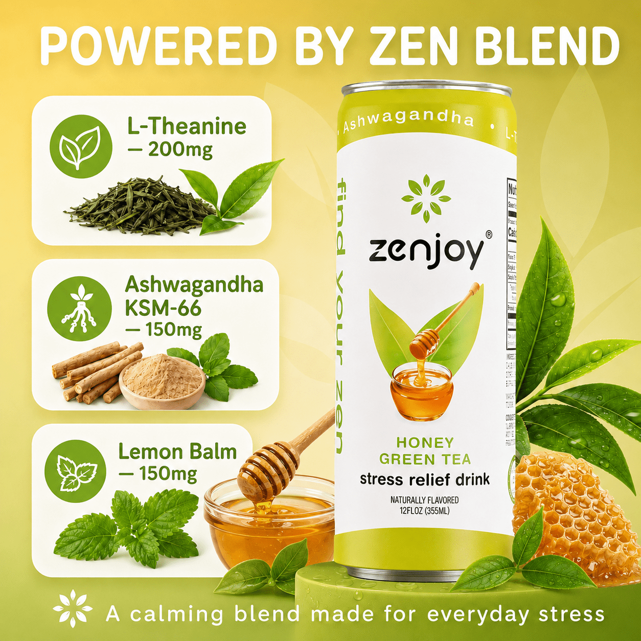Zenjoy Stress Reief Drink, Calming Green Tea, Non Alcoholic, Ashwagandha & Lemon Balm for Stress Relief, L - Theanine for Focus (12 Pack) (Honey)