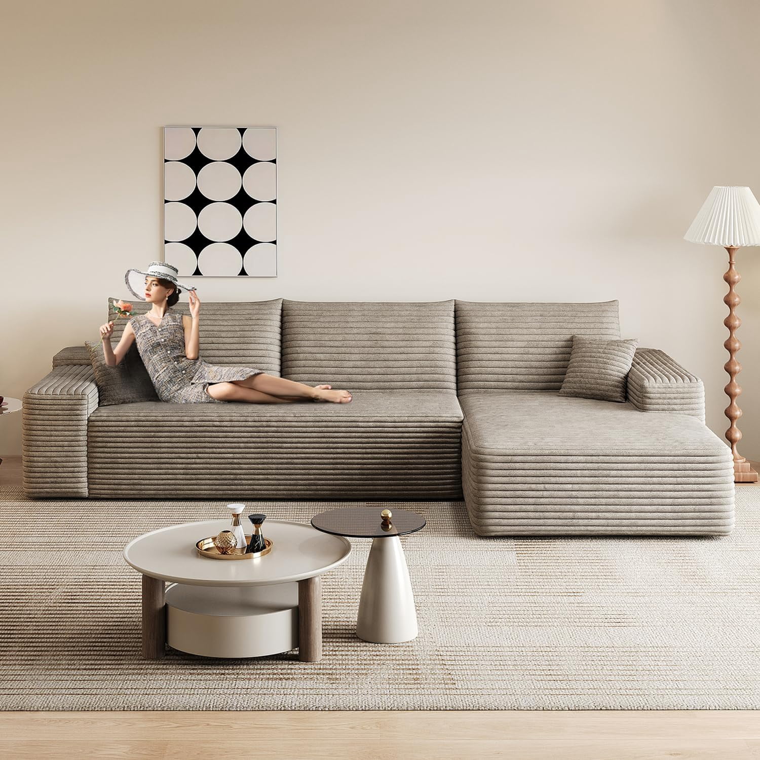 Sailvan 107" Cloud Sectional Couch, Cloudy Sofa with L-Shape Chaise, Upholstered Couches for Living Room & Bedroom, No Assembly Required, Plush Corduroy Fabric, Camel