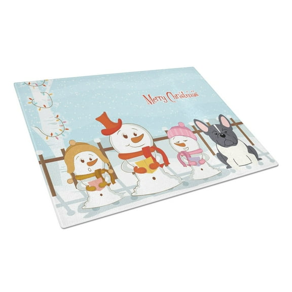 Merry Christmas Carolers French Bulldog Black White Glass Cutting Board Large