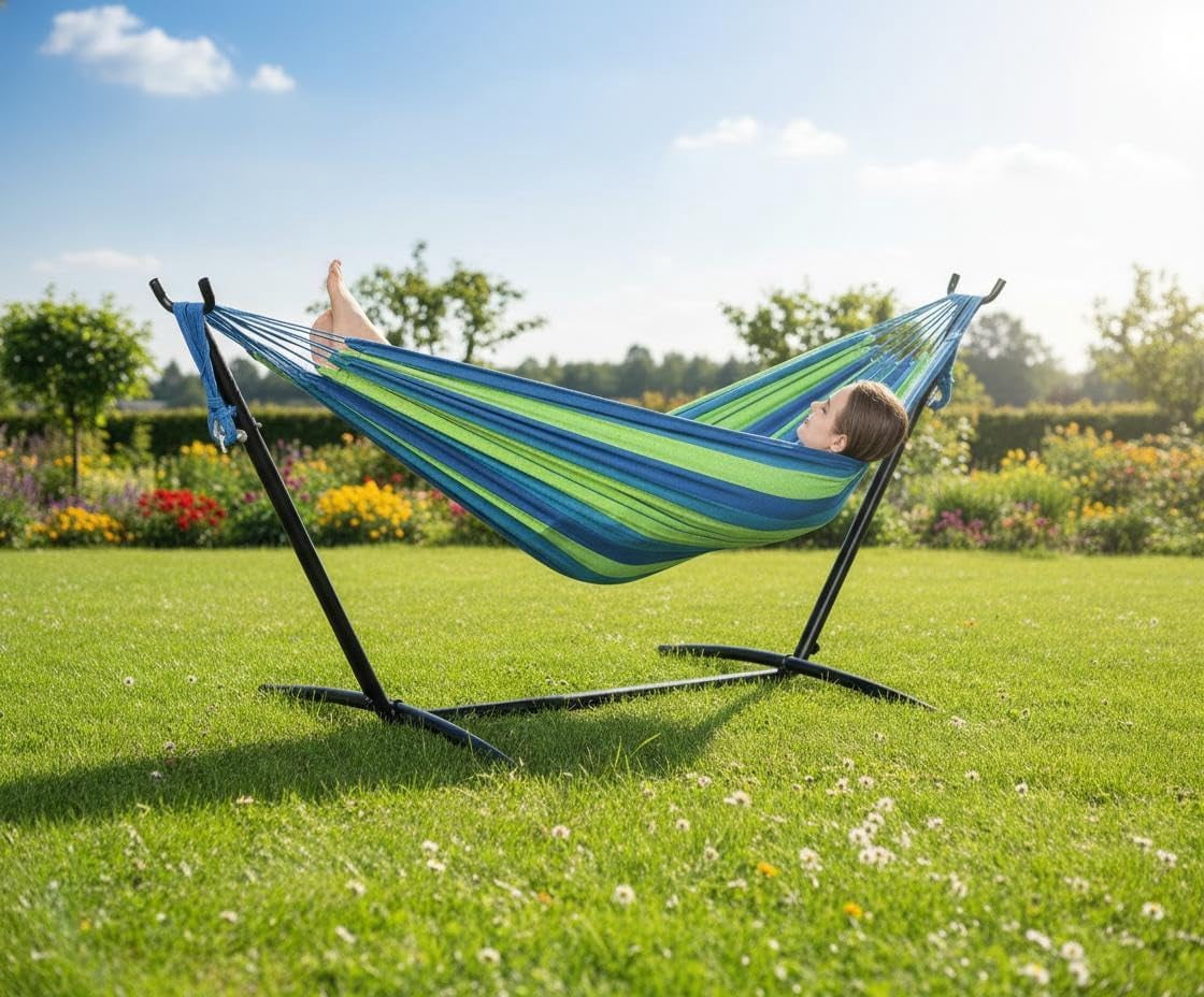 Hammock with Stand for Outside, 2-Person Outdoor Portable Hammock, 500lb Capacity + Waterproof Carry Bag