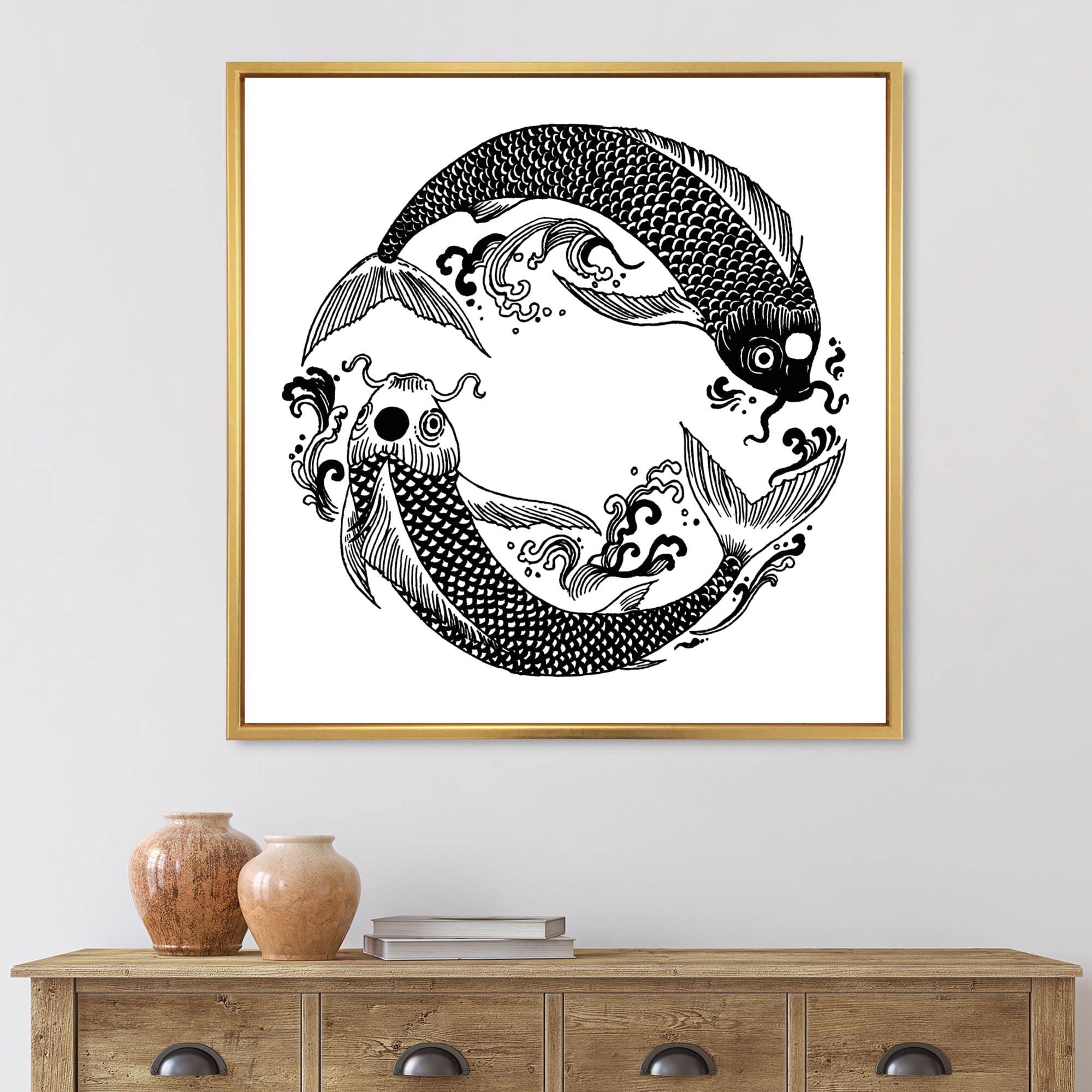Designart 'China Koi Fish In Chinoiserie Style III' Nautical & Coastal Framed Canvas Wall Art Print