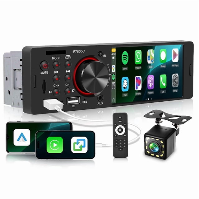 Car Stereo Single Din with CarPlay Android Auto, 4 Inch Touch Screen MP5 Player, Bluetooth FM Mirror Link Backup Camera