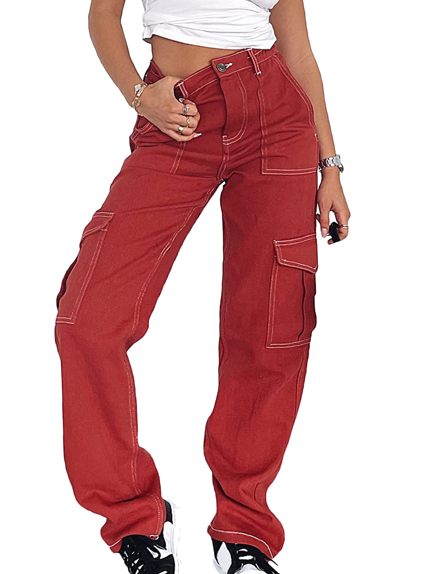 Gwiyeopda High Waist Cargo Pants Women Leg Cargo Trousers with Pockets - Walmart.com