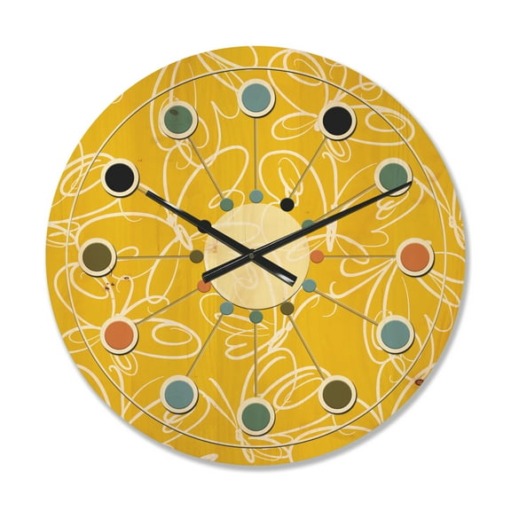 Designart 'Butterflies Yellow color Retro Pattern' Mid-Century Modern Wood Wall Clock