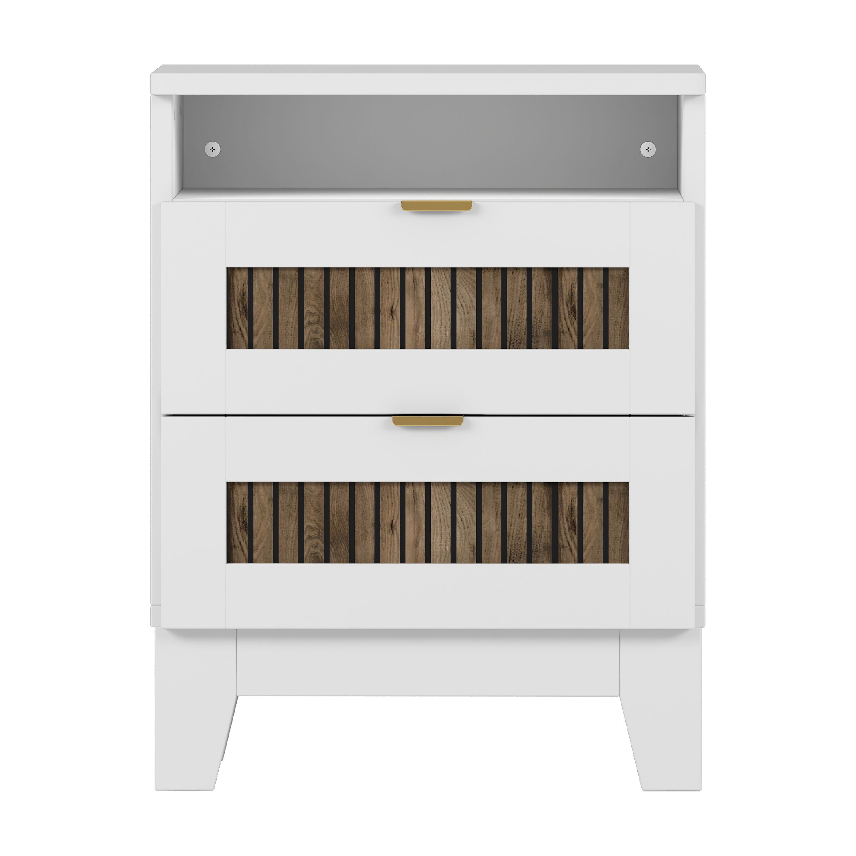 Mintazer 4 Piece Farmhouse Bedroom Set with 2 Nightstand & 6 Drawers Dresser, Queen Size Platform Bed Frame with Strip Stickers Decoration for Bedroom, White