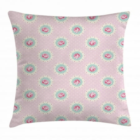 Cottage Style Decorative Pillows Shabby Chic Decor Throw Pillow Cushion Cover, Retro Polka Dotted Backdrop and Floral Motifs Roses Cottage, Decorative Square Accent Pillow Case, 16 X 16 Inches, Baby Pink White Seafoam, by Ambesonne ()