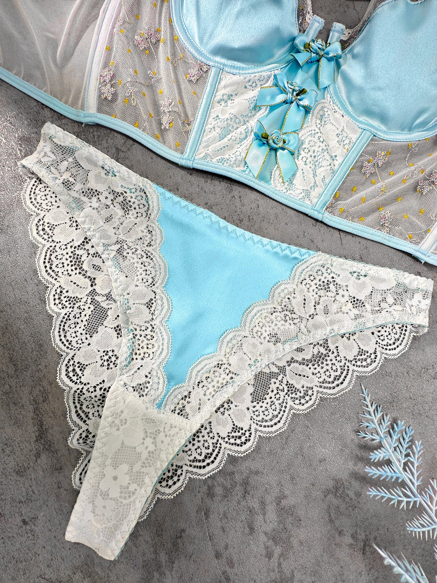 Baby Blue Satin Rosette Bow Lingerie Set (BLUE, 2XL)