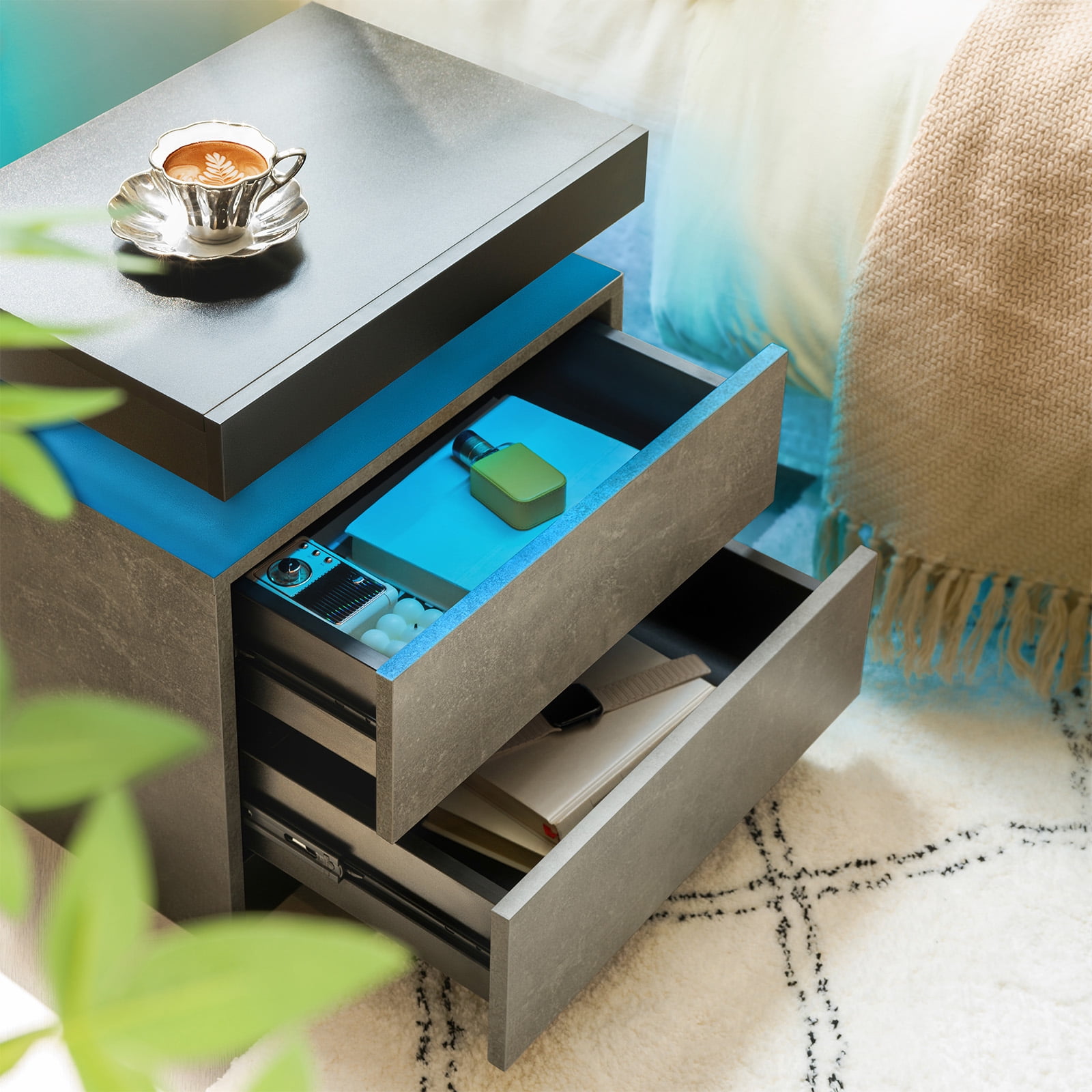 Leumius 2 Drawer Modern Nightstand with LED Light Small Bedside Tables End Side for Bedroom,Black+ Gray