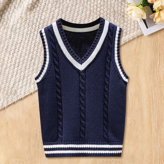 EnJoCho Boys Girls V‑Neck Cable Knit Sweater Vest Contrast Trim Sleeveless Knit Waistcoat Classic Knit Layering Top for Kids Fall Winter Christmas School Outfit