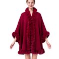 thumbnail image 2 of Fewfanhot Ruffled Faux Fur Trim Wool Blend Poncho Cape, Open Front Warm Wrap Shawl Coat for Women Winter, 2 of 5