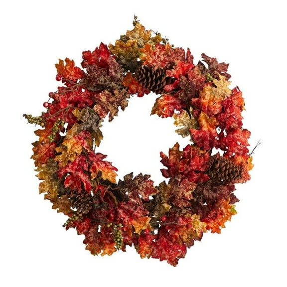 Nearly Natural 24" Autumn Maple/Berries/Pinecone Fall Artificial Wreath - Orange