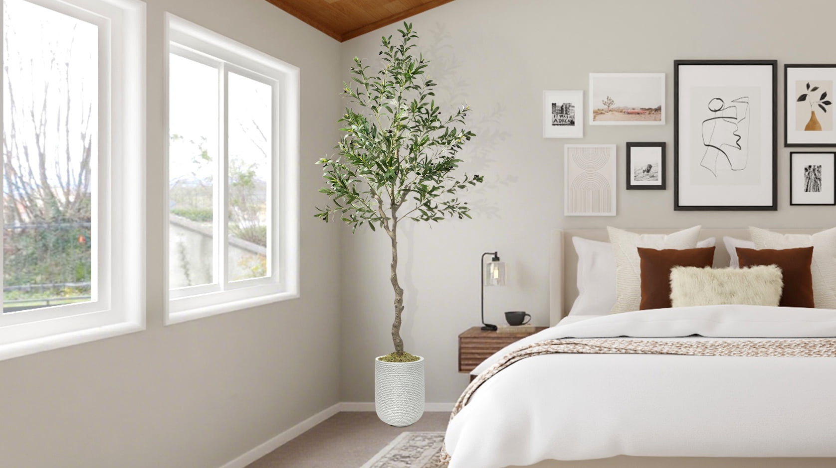 OLIVIVI Artificial Olive Tree 7FT Tall Faux Silk Plant for Home Office Decor Indoor Outdoor Fake Lifelike Potted Tree with Wood Branches and 1 pack