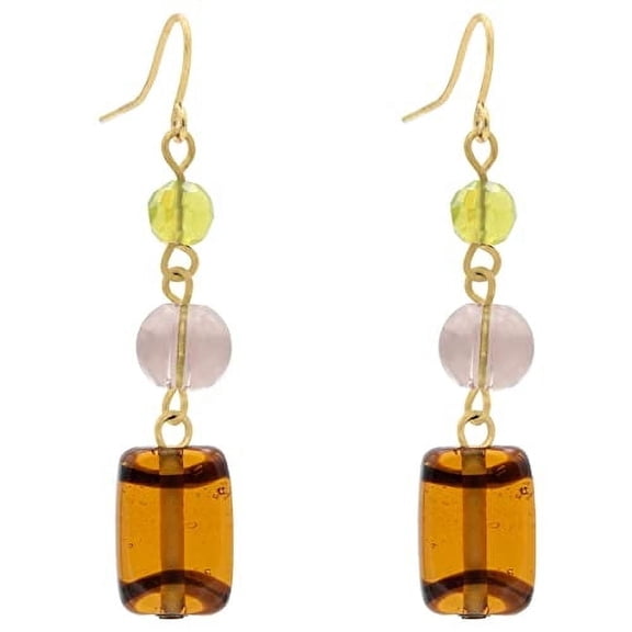 Multicolor Glass Bead Dangle Earrings - Yellow, Pink and Amber Drop Earrings Jewelry Metal