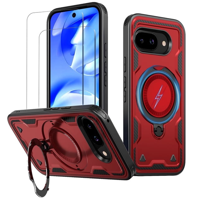 for Google Pixel 9A Case,Compatible with MagSafe,2 Pack Glass Screen Protector,Built-in KickStand Grip Ring,Heavy Duty Military Grade Shockproof Rugged Phone Cover For Pixel 9A 6.3"(Red)