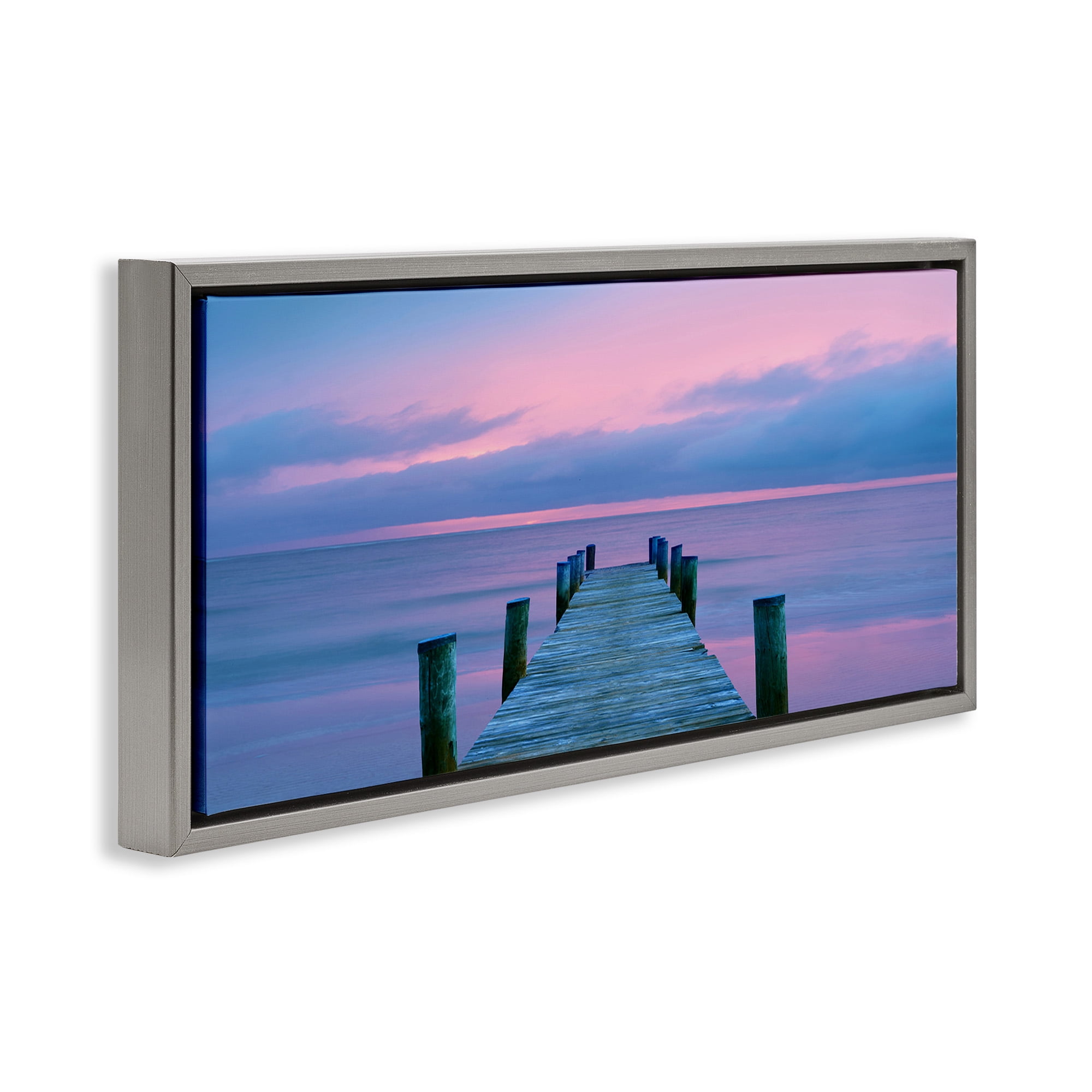 Stupell Industries Dock at Sunset Horizon Nature Photography Gray Floater Framed Canvas Art Print Wall Art, 25 x 11