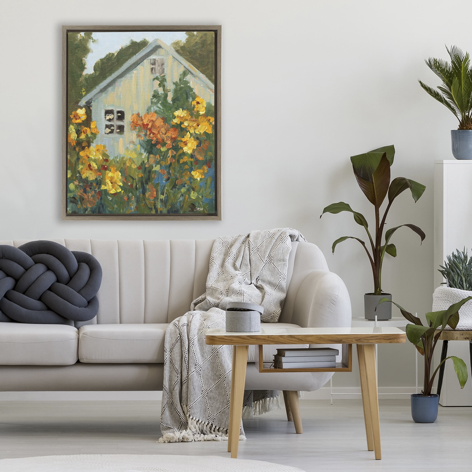 Stupell Industries Sunlit Cottage Garden View Brown Framed Floater Canvas Wall Art, design by Carson Overstreet