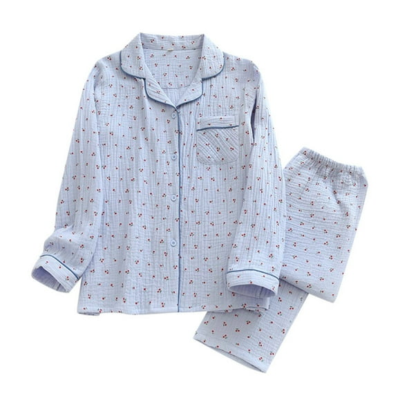 Gunia Womens Pajama Sets Little Cherry Double Crepe Lapel Long Sleeves Long Pants Home Clothes Set Loungewear Blue L