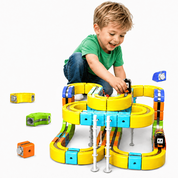 XMKP 62pcs Magnetic Track Train Set – 3D DIY Buildable STEM Electric Train for Kids 3 , Anti-Gravity Modular Blocks, Creative Hands-On Play