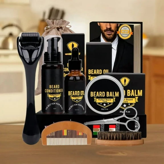Men's beard care set, beard grooming kit, conditioner, oil, brush, comb, balm, scissors, storage bag for beard and beard trimming, the perfect gift for men