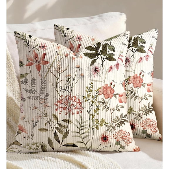 MORAVE Set of 2 Corduroy Throw Pillow Covers 18x18 PK Floral, Decorative Zipper Spring Pillowcases Farmhouse Cottage Decor for Couch Sofa Living Room Home Bedroom
