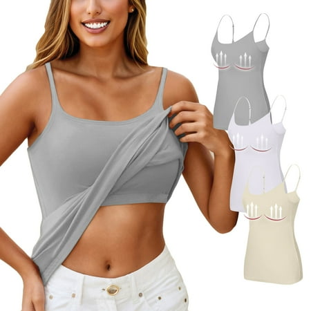 Nokdvo Built In Bra Tank Tops for Women Shelf Bra Camisoles Adjustable Spaghetti Strap Shelf Bras Workout Basic Padded Undershirts White 3XL
