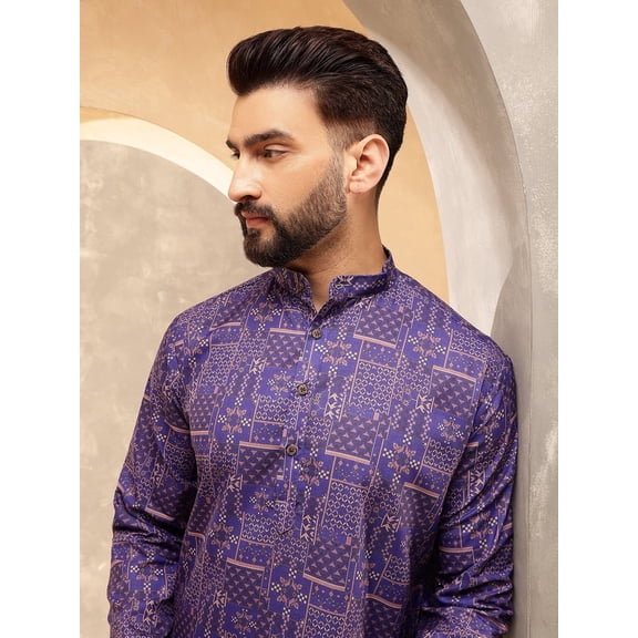 Sojanya (Since 1958) Men'S Cotton Linen Geometric Printed Purple Kurta With White Pyjama