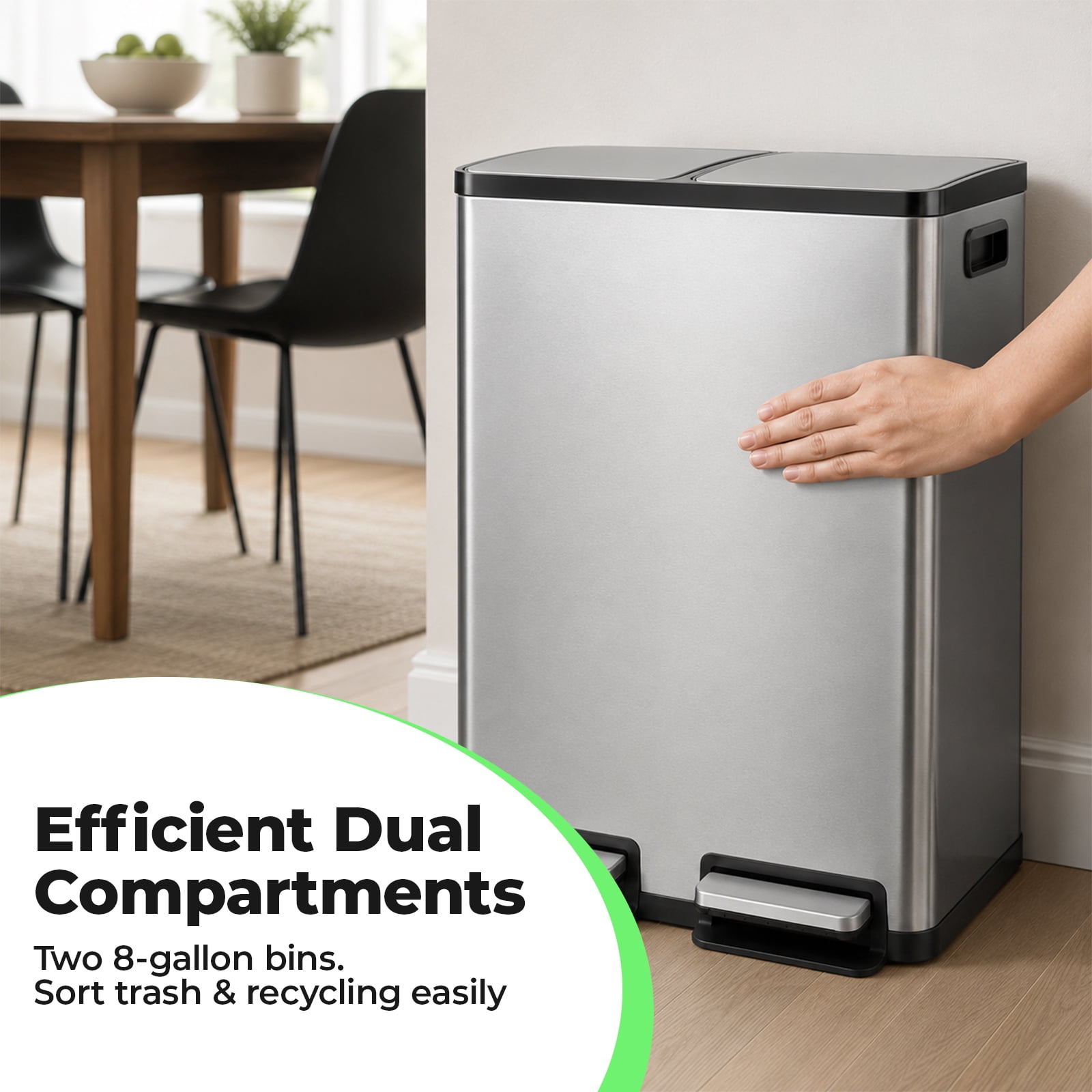 Alvantor 60L Trash Can, Dual Compartment 2x8 Gallon Stainless Steel Garbage Bin with Fingerprint Proof Finish, Soft Close Lid, and Hands-Free Pedal for Kitchen and Office