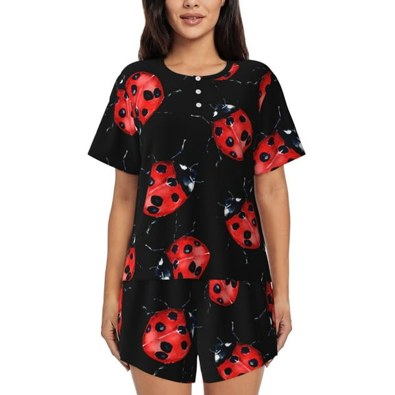 Logiee Beautiful Red Ladybug Print Womens Pajamas Set,Short-Sleeve Pajama 2 Piece Sleepwear with Pockets-Small