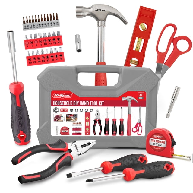 Kit de herramientas Hi-Spec, 42 piezas, rojo, para uso doméstico, con caja de herramientas