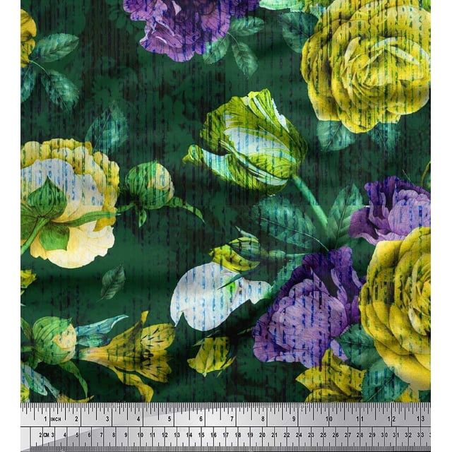 Soimoi Green Moss Georgette Fabric Leaves & Floral Decor Fabric Printed BTY 42 Inch Wide