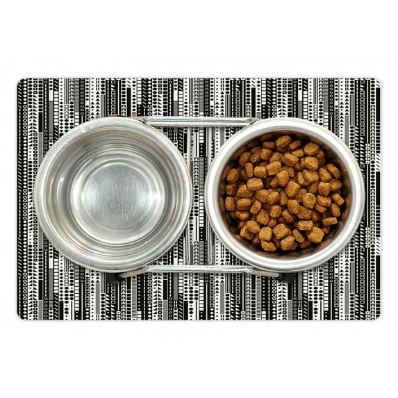Black and White Pet Mat for Food and Water, Modern Geometric Square Triangle Circle Monochrome Futuristic Minimalist, Non-Slip Rubber Mat for Dogs and Cats, 18" X 12", by Ambesonne