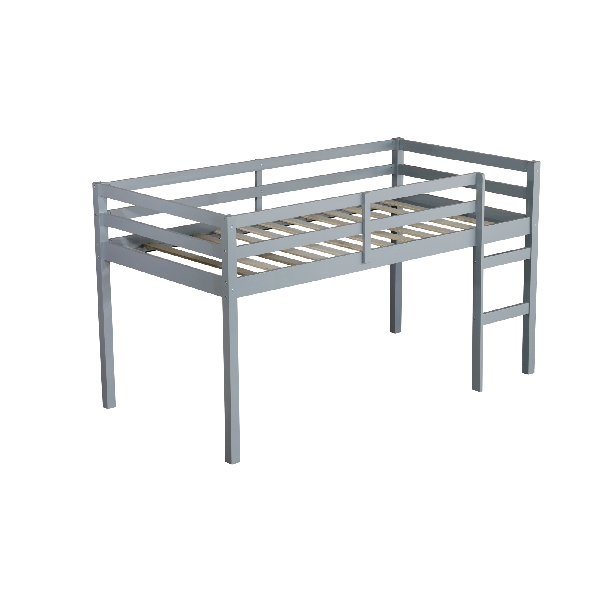 Leumius Twin Loft Bed with Ladder, Bed Platform of Strengthened Slats Solid Wooden Bed for Boys Girls Grey
