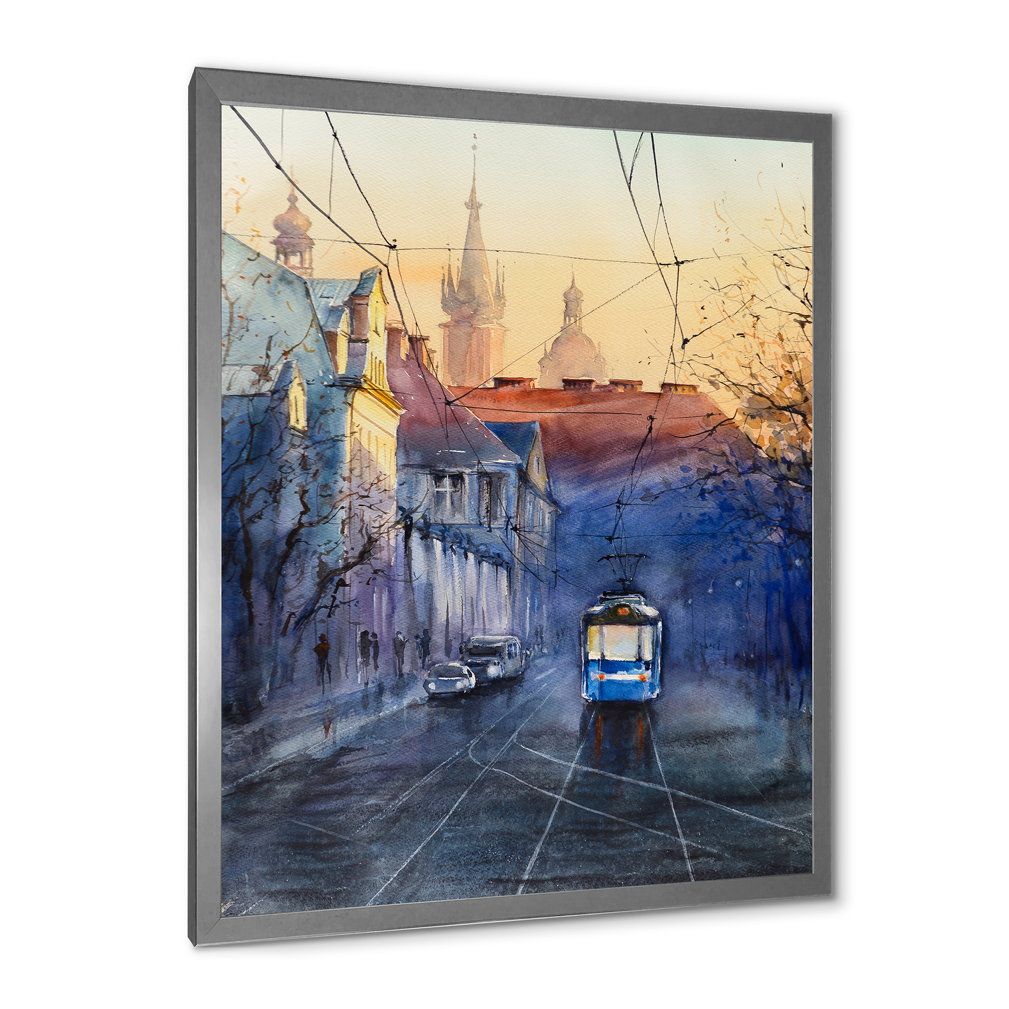 Blue Tram At Sunset With Church During Sunset Cityscape 30 in x 40 in Framed Painting Canvas Art Print, by Designart