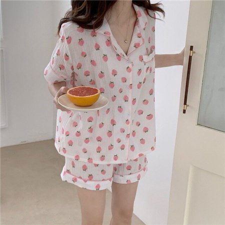 

CoCopeaunt 100%Cotton Gauze Pajamas for Women Long Sleepwear Strawberry Print Pijamas Pyjamas Long Sleeve 2 Piece Female Set Dropshipping