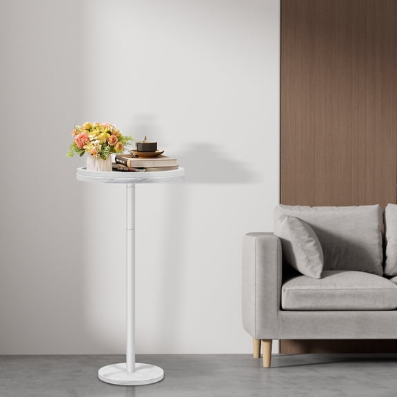 Small Drink Table with Marble Base, Round Side Table with Anti‑Fall Guard for Living Room, Bedroom – White