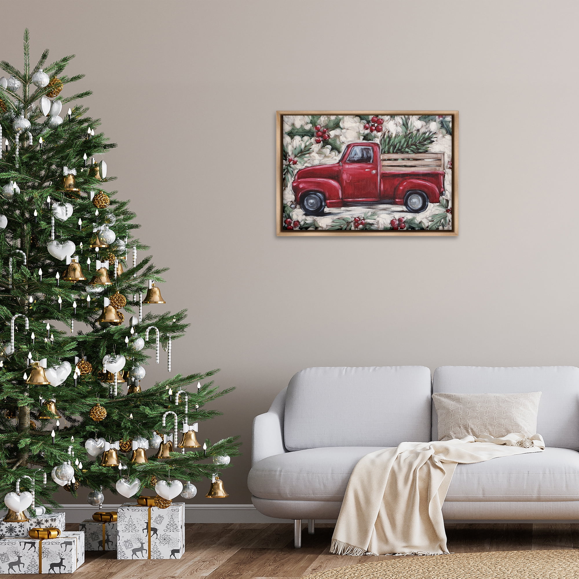 Stupell Industries Pickup & Festive Holly Holiday Painting Brown Floater Framed Art Print Wall Art, 31 x 21