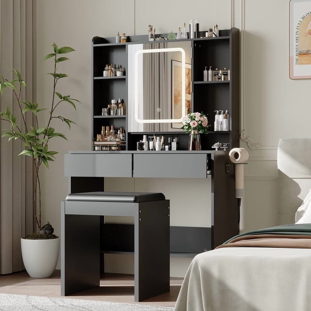 TROPOW Vanity Desk with Mirror and Lights,for Bedroom,Adjustable 3 Colour Lights Modes,Includes Padded Stool,Makeup Table Set with Hidden Storage Shelves,USB Outlets,Hairdryer Holder,Black