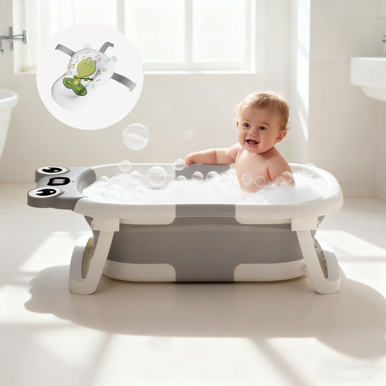 stusgo Collapsible Baby Bathtub, Plastic Frog Baby Bath Tub with Soft Cushion & Thermometer（Grey）